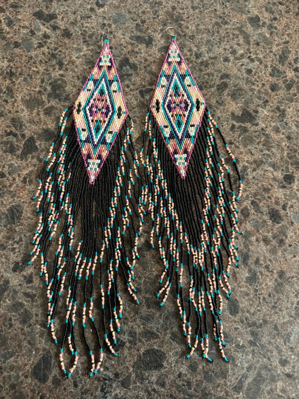 Handmade Black & Turquoise Beaded Fringe Earrings